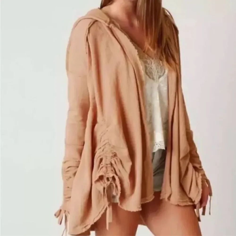 By Together Women’s Salmon Gauzed Linen Blend Hood Cadigan Sweater Size L NEW